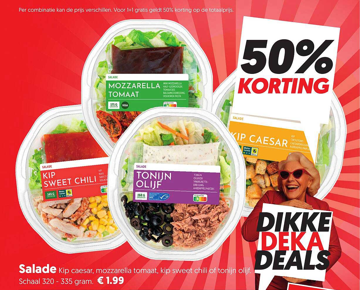 Salade Kip caesar, mozzarella tomaat, kip sweet chili of tonijn olijf 50% KORTING