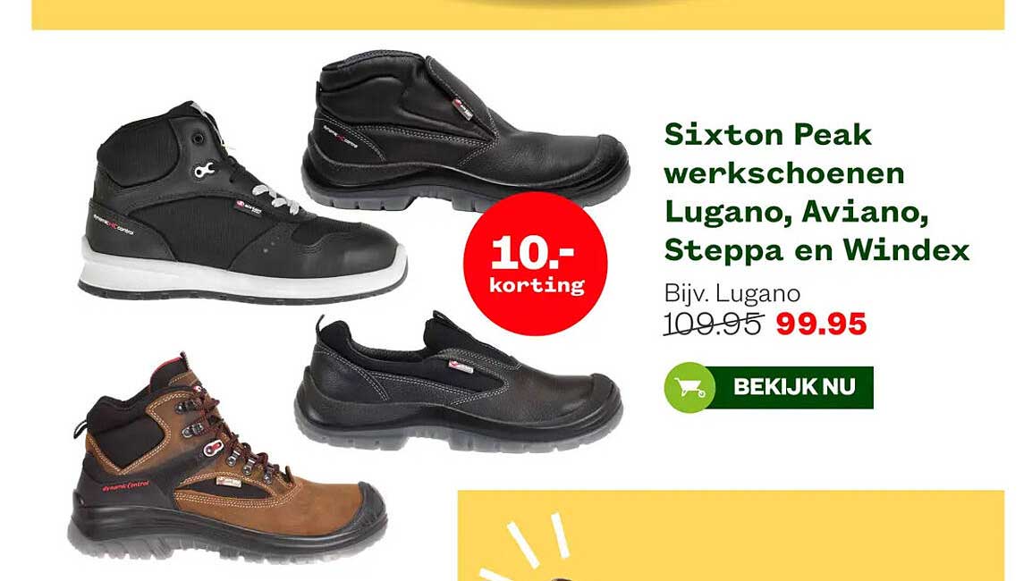 Sixton Peak werkschoenen Lugano, Aviano, Steppa en Windex 10.- korting
