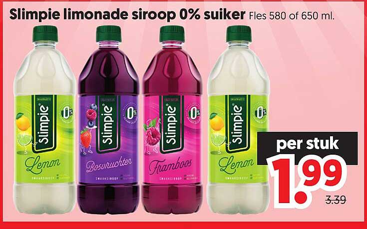 Slimpie limonade siroop 0% suiker Fles 580 of 650 ml. per stuk