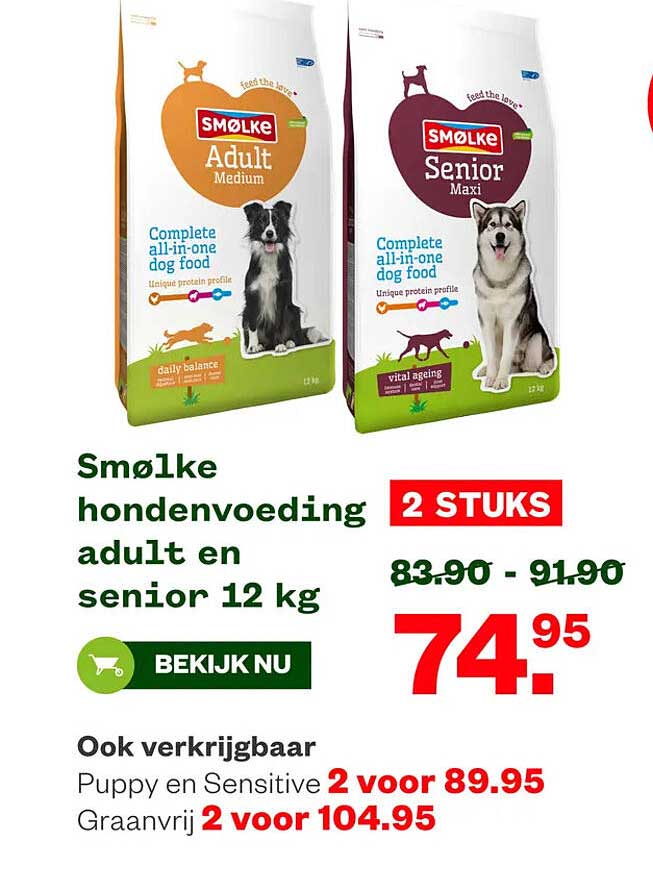 Smølke hondenvoeding adult en senior 12 kg 2 STUKS