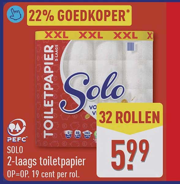 SOLO 2-laags toiletpapier 32 rollen 22% GOEDKOPER*