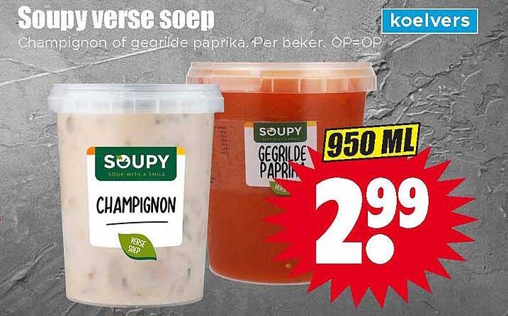 Soupy verse soep Champignon of gegrilde paprika. Per beker. OP=OP koelvers