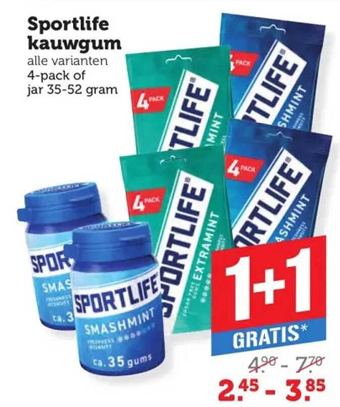 Sportlife kauwgum alle varianten 4-pack of jar 35-52 gram 1+1 gratis
