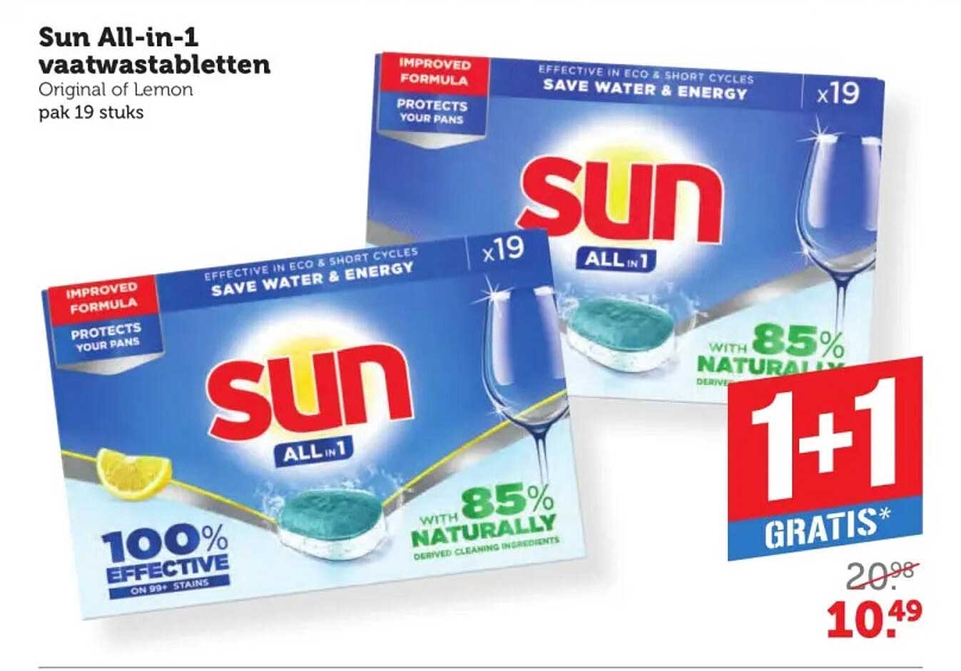 Sun All-in-1 vaatwastabletten Original of Lemon pak 19 stuks 1+1 gratis