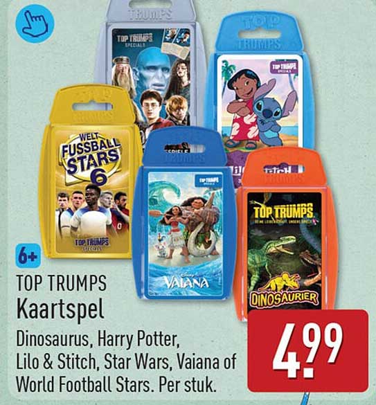 TOP TRUMPS Kaartspel Dinosaurus, Harry Potter, Lilo & Stitch, Star Wars, Vaiana of World Football Stars. Per stuk.