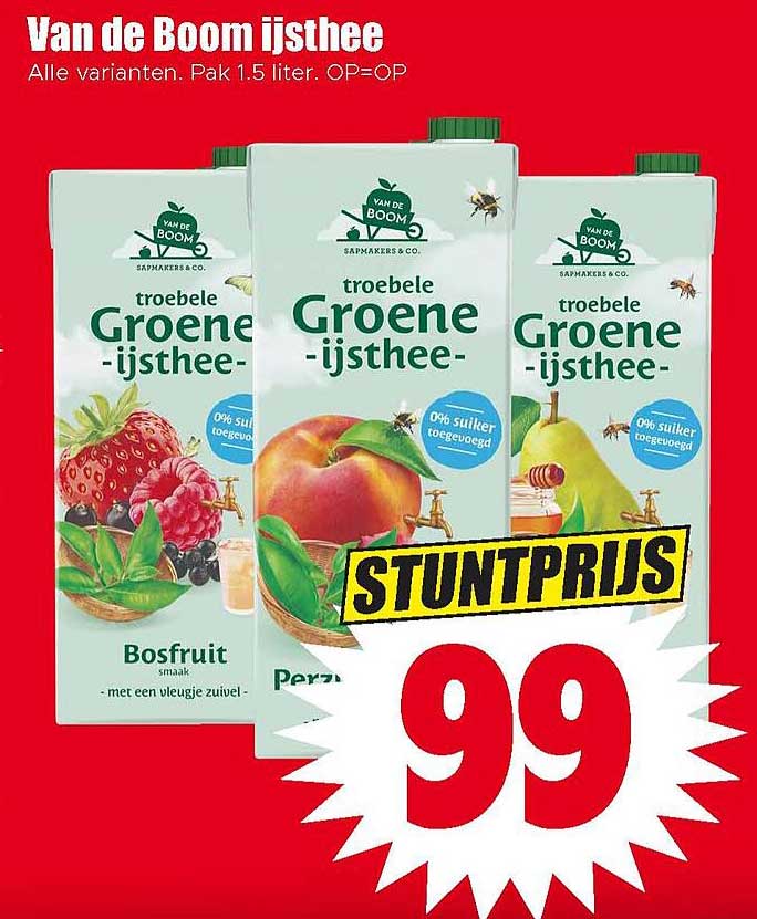 Van de Boom ijsthee Allé varianten. Pak 1.5 liter. OP=OP STUNTPRIJS