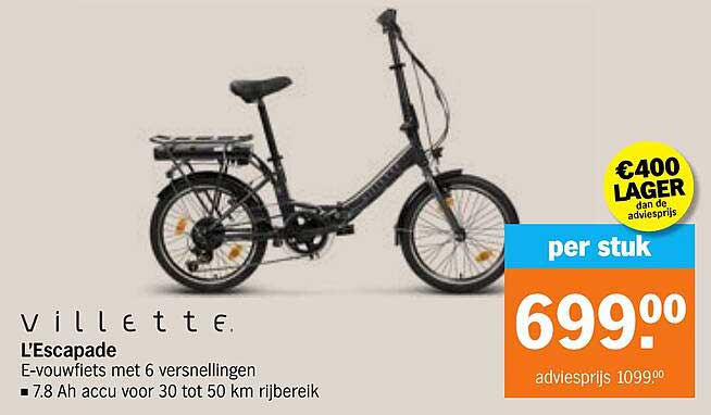 villette. L’Escapade E-vouwfiets met 6 versnellingen 7.8 Ah accu voor 30 tot 50 km rijbereik