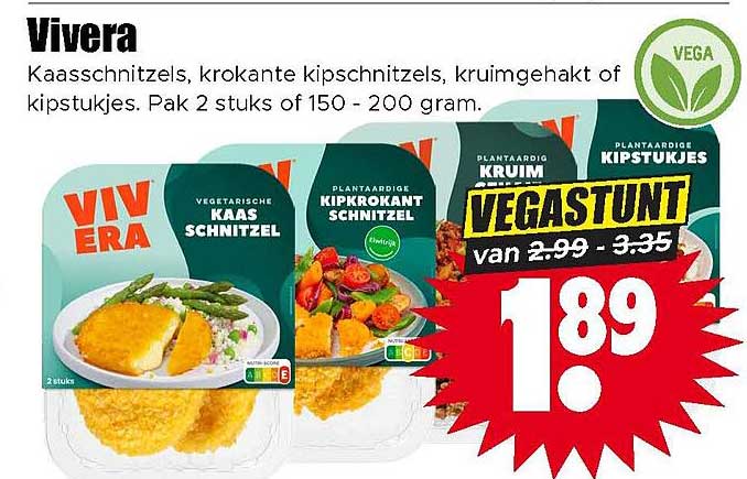 Vivera Kaasschnitzels, krokante kipschnitzels, kruimgehakt of kipstukjes. Pak 2 stuks of 150 - 200 gram. LEGASTUNT