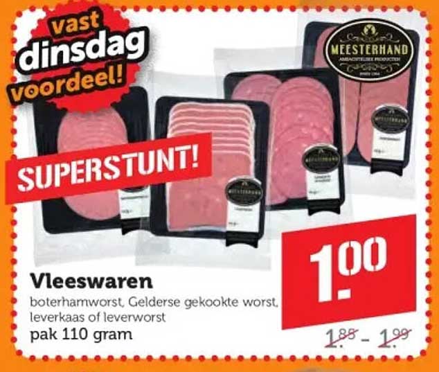 Vleeswaren boterhamworst, Gelderse gekookte worst, leverkaas of leverworst pak 110 gram SUPERSUNT!