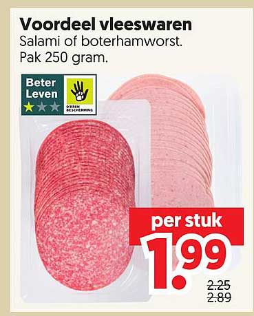 Voordeel Vleeswaren Salami of boterhamworst. Pak 250 gram.