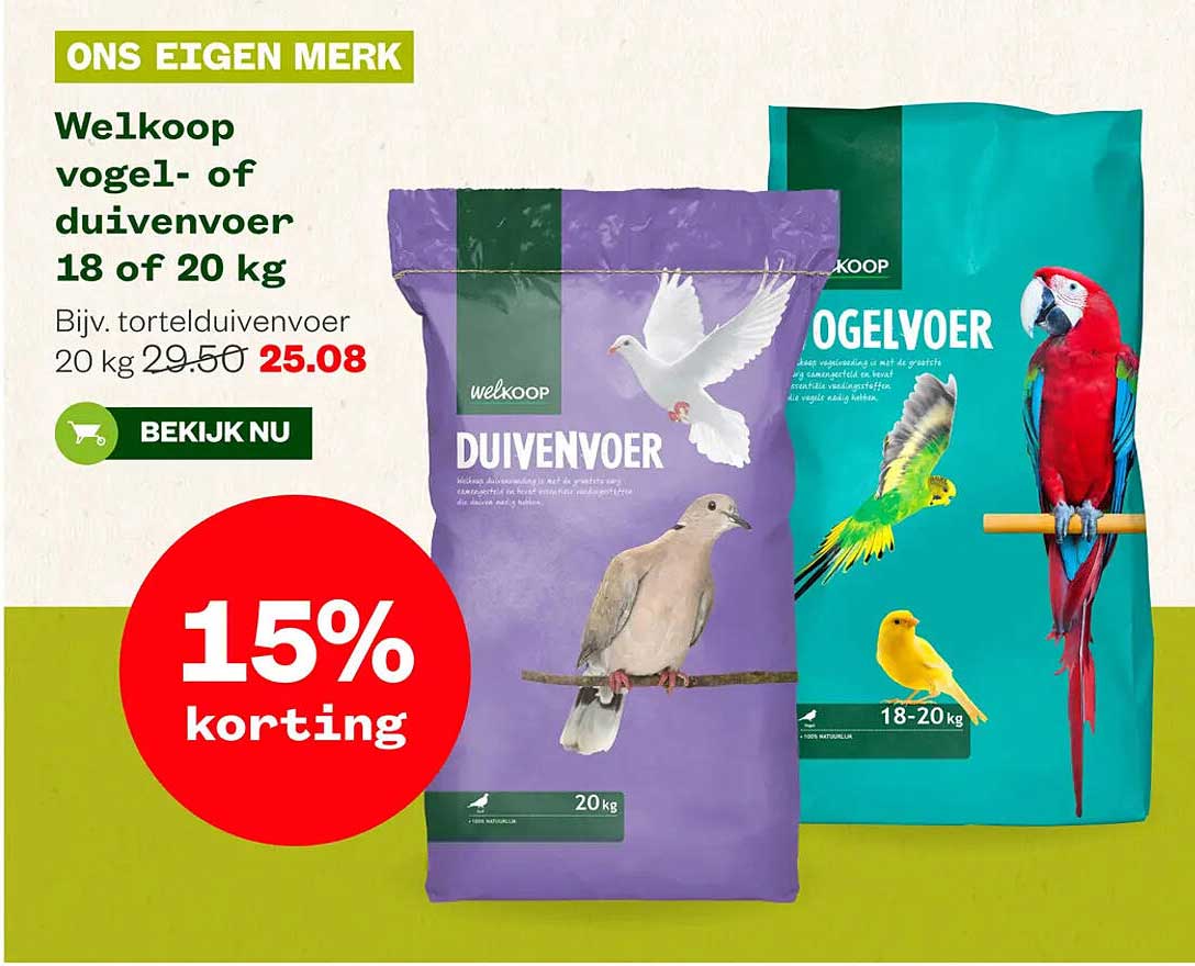 Welkoop vogel- of duivenvoer 18 of 20 kg 15% korting
