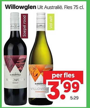 Willowglen Uit Australië. Fles 75 cl. Soepel rood Vol wit