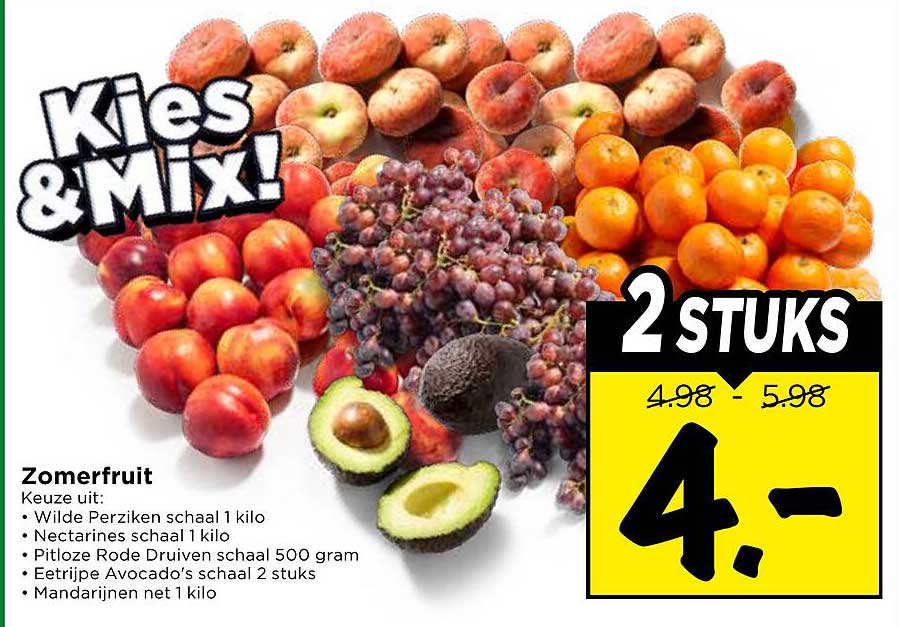 Zomerfruit – Keuze uit: Wilde Perziken schaal 1 kilo, Nectarines schaal 1 kilo, Pitloze Rode Druiven schaal 500 gram, Eetrijpe Avocado’s schaal 2 stuks, Mandarijnen net 1 kilo 2 STUKS