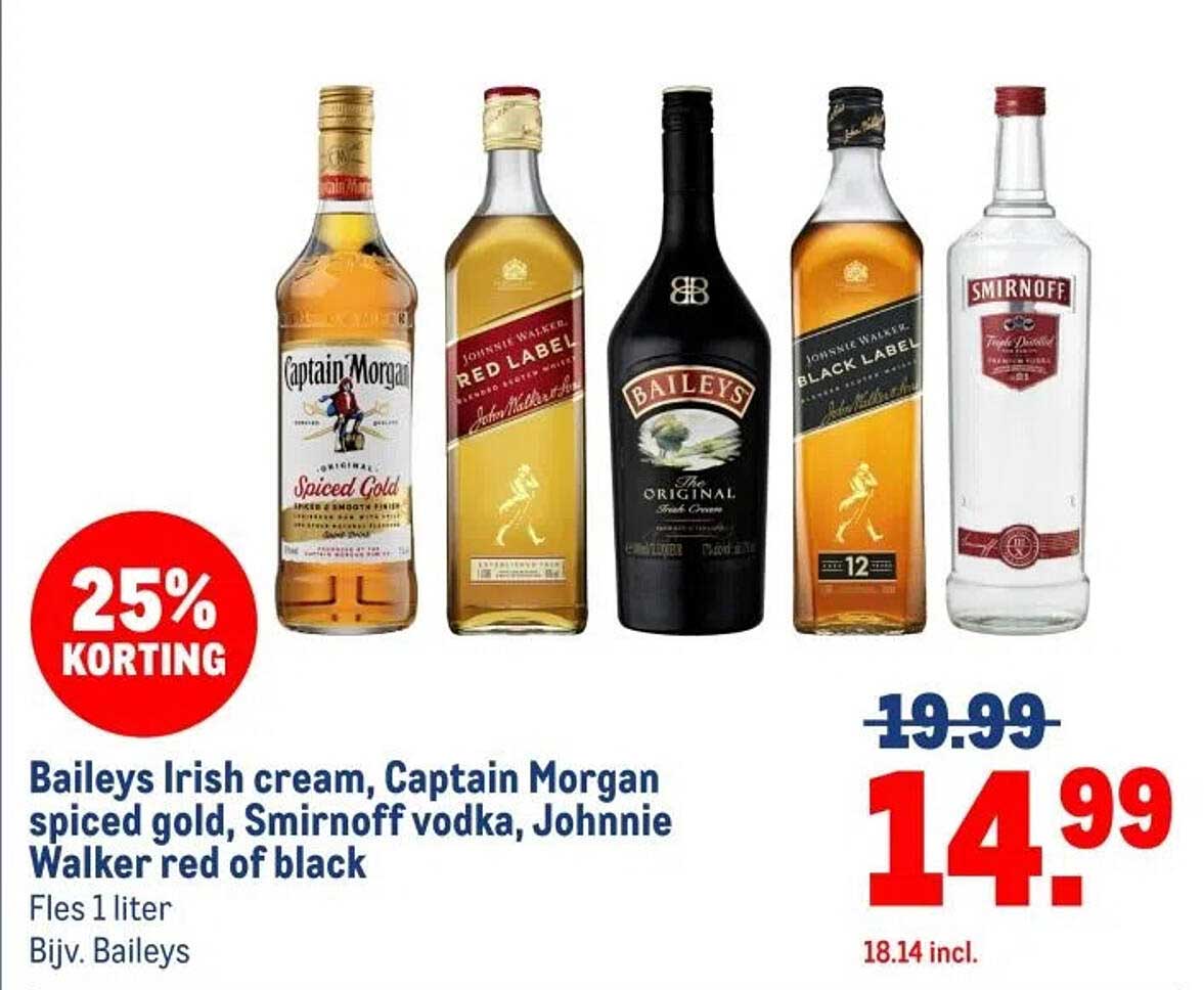 Baileys Irish cream, Captain Morgan spiced gold, Smirnoff vodka, Johnnie Walker red of black