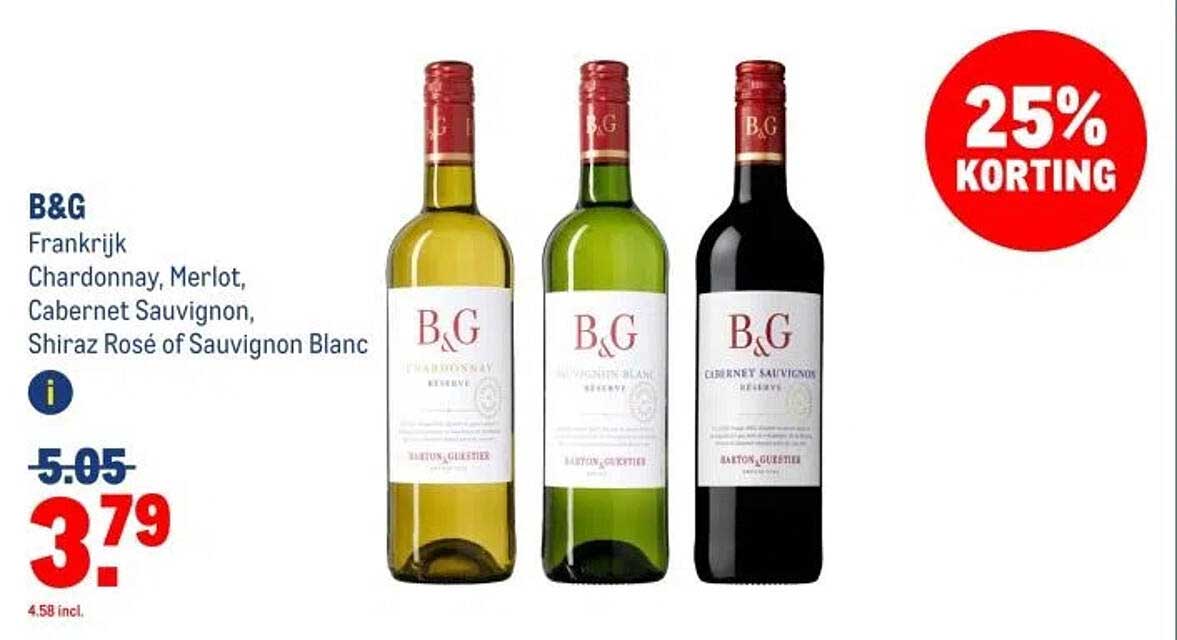 B&G Frankrijk Chardonnay, Merlot, Cabernet Sauvignon, Shiraz Rosé of Sauvignon Blanc