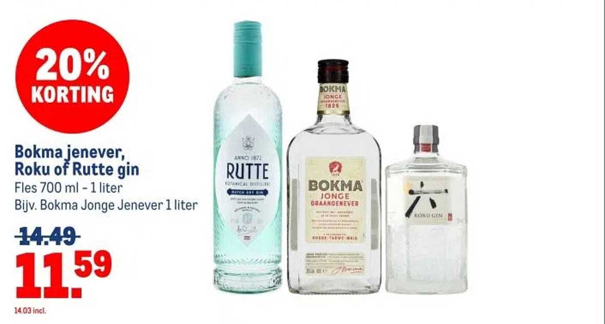 Bokma jenever, Roku of Rutte gin 20% korting