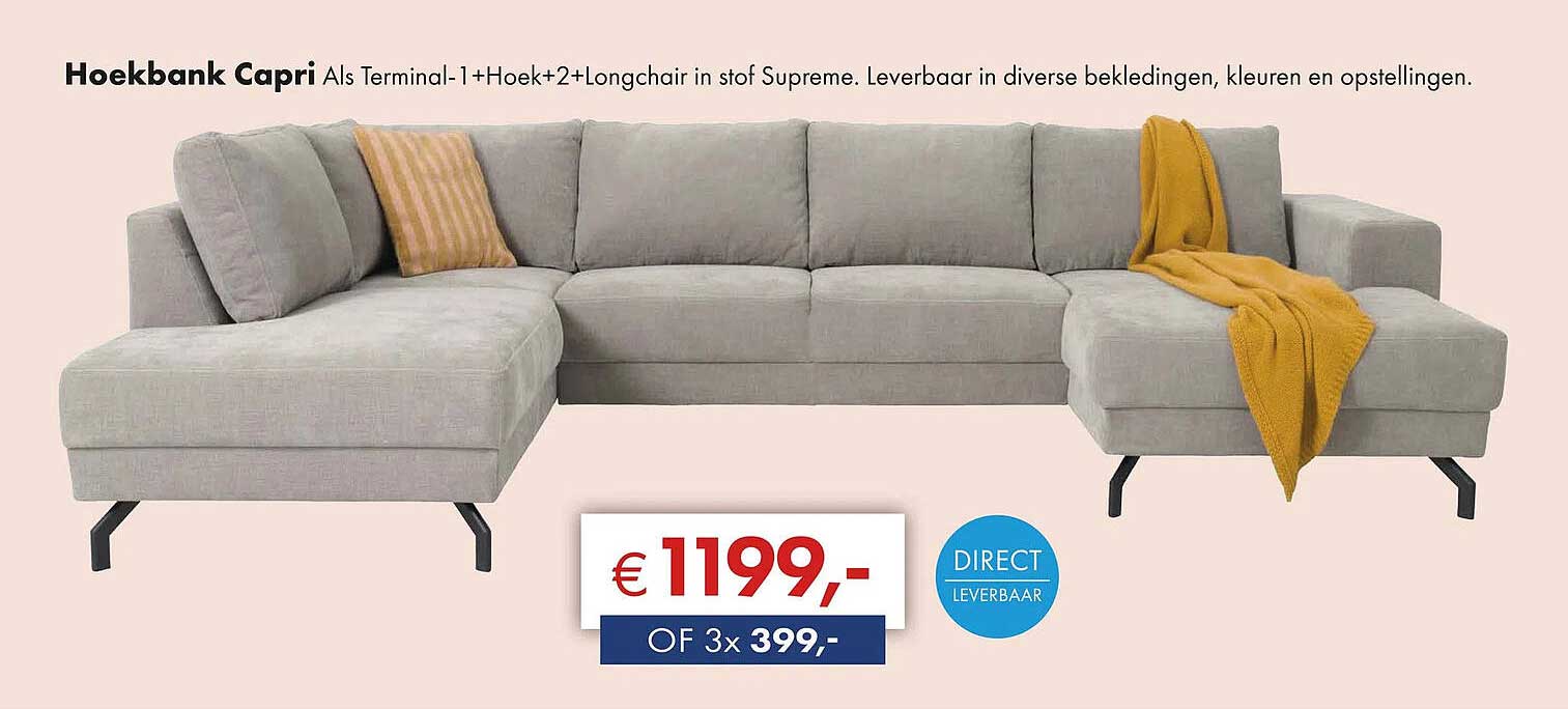 Hoekbank Capri Als Terminal-1+Hoek+2+Longchair in stof Supreme.