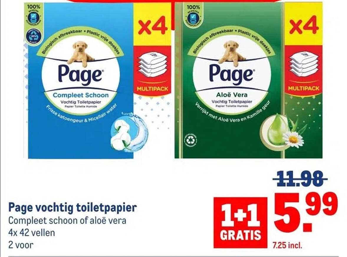 Page vochtige toiletpapier Compleet schoon of aloë vera 4x 42 vellen 2 voor