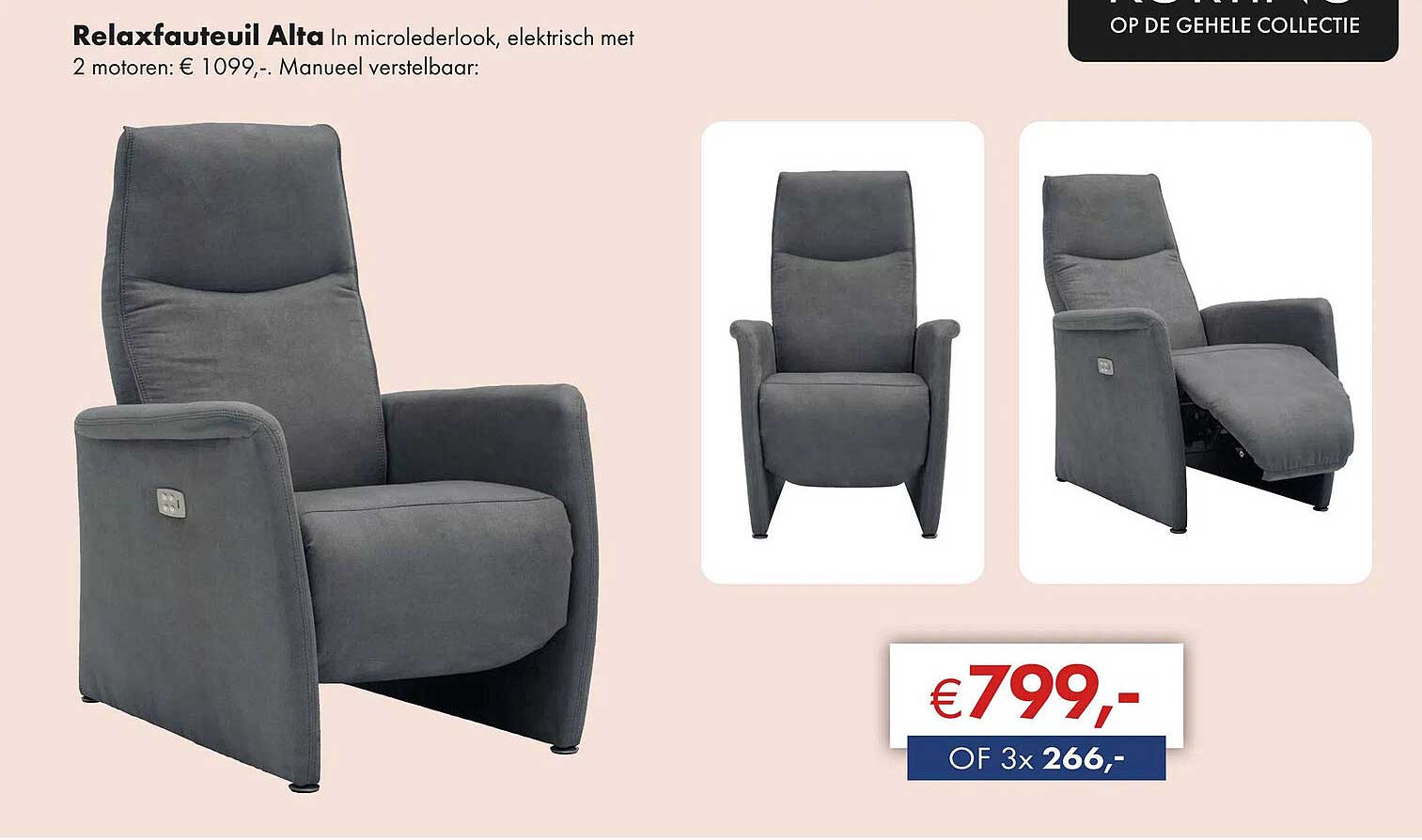 Relaxfauteuil Alta In microlederlook, elektrisch met 2 motoren: € 1099,-. Handmatig verstelbaar: