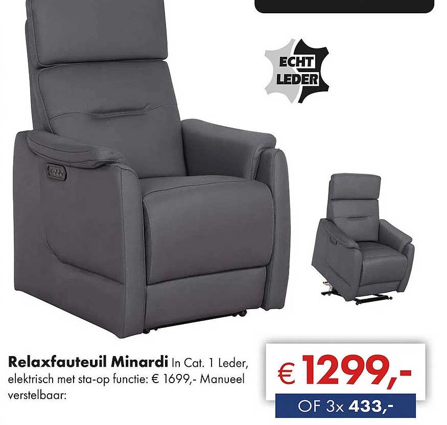 Relaxfauteuil Minardi In Cat. 1 Leder, elektrisch met sta-op functie