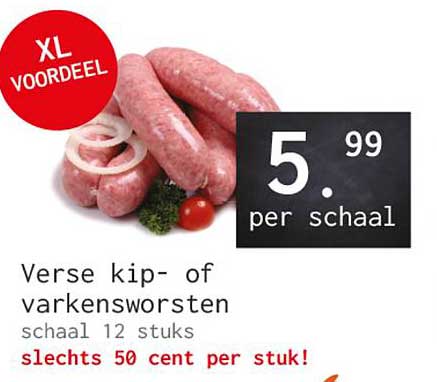 Verse kip- of varkensworsten schaal 12 stuks