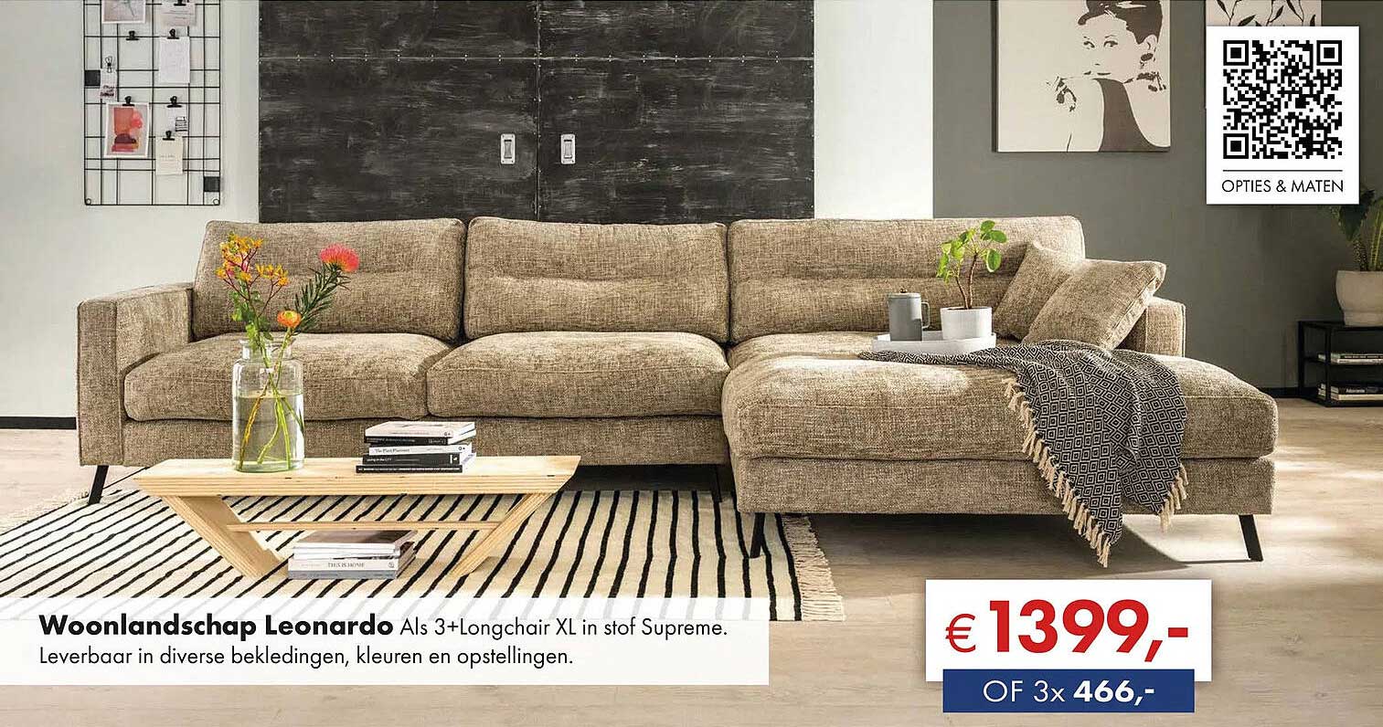 Woonlandschap Leonardo Als 3+Longchair XL in stof Supreme.