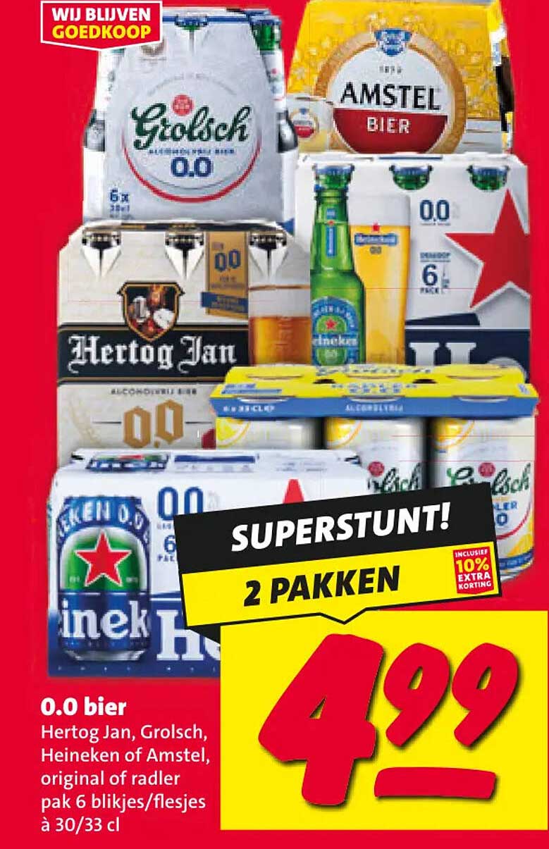 0.0 bier Hertog Jan, Grolsch, Heineken of Amstel, original of radler pak 6 blikjes/flesjes à 30/33 cl SUPERSTUNT! 2 PAKKEN