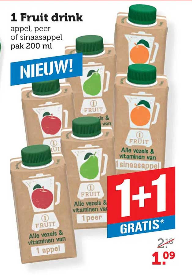 1 Fruit drink appel, peer of sinaasappel pak 200 ml 1+1 gratis