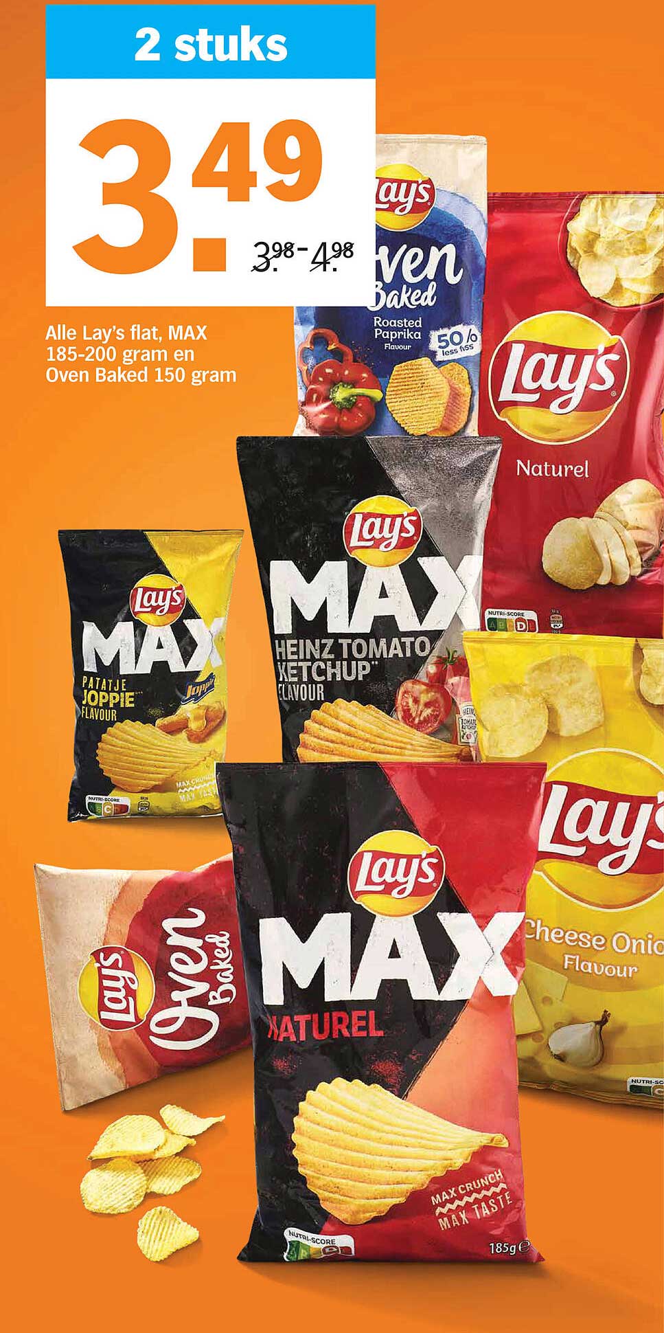 2 stuks Alle Lay's flat, MAX 185-200 gram en Oven Baked 150 gram