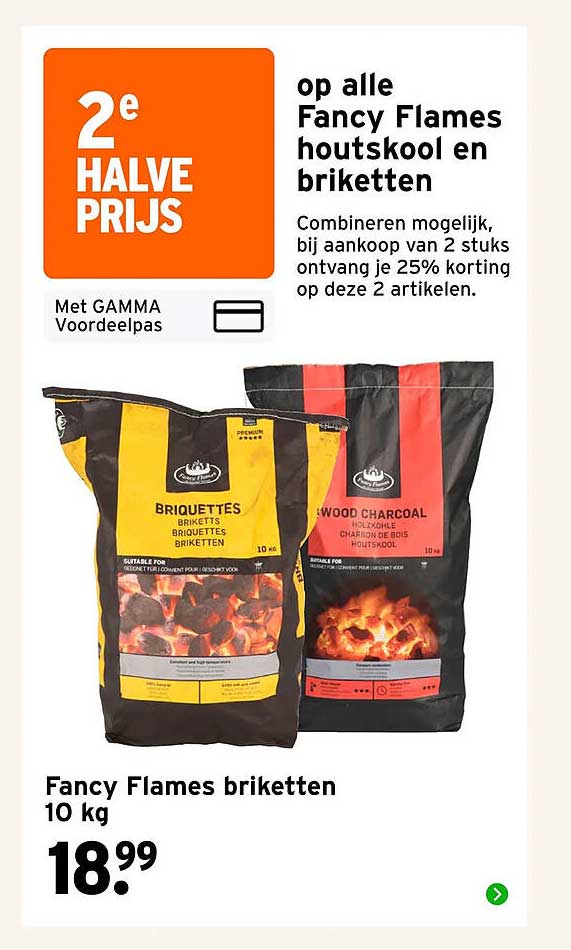 2e halve prijs op alle Fancy Flames houtskool en briketten