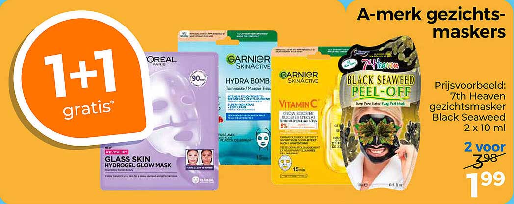 A-merk gezichts-maskers 1+1 gratis