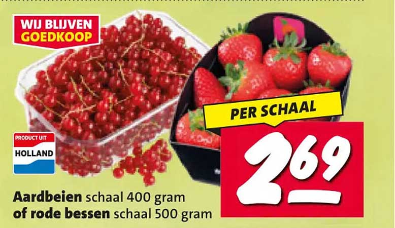 Aardbeien schaal 400 gram of rode bessen schaal 500 gram PER SCHAAL