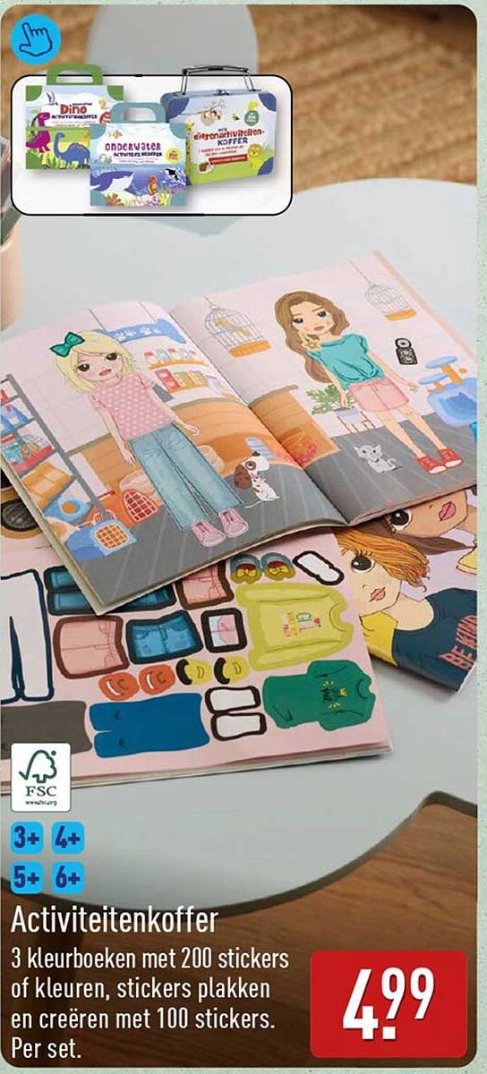 Activiteitenkoffer 3 kleurboeken met 200 stickers of kleuren, stickers plakken en creëren met 100 stickers. Per set.