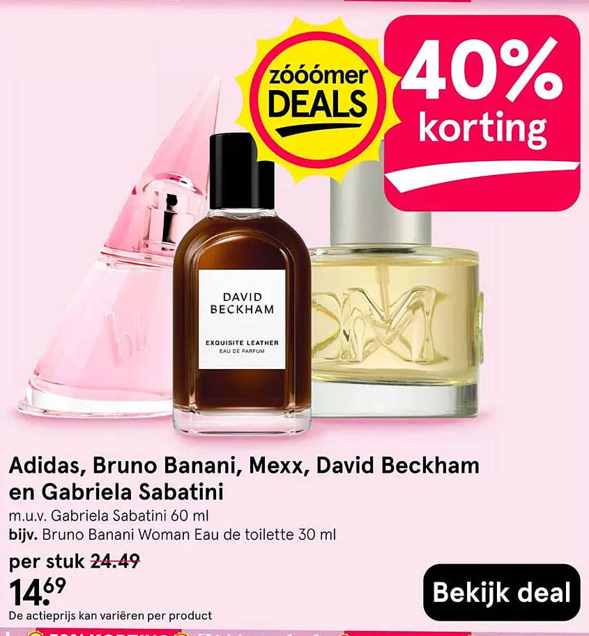 Adidas, Bruno Banani, Mexx, David Beckham en Gabriela Sabatini 40% korting