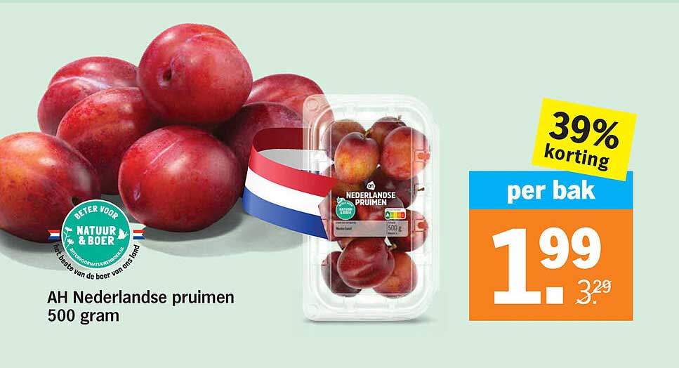 AH Nederlandse pruimen 500 gram 39% korting per bak