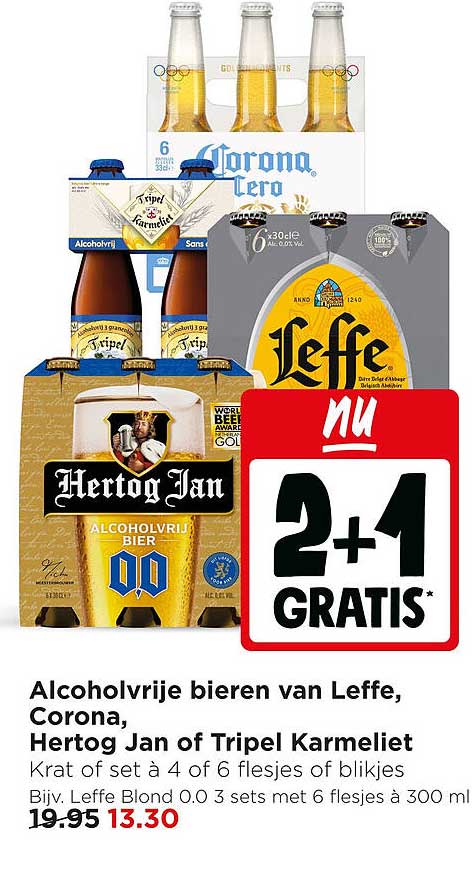 Alcoholvrije bieren van Leffe, Corona, Hertog Jan of Tripel Karmeliet 2+1 gratis