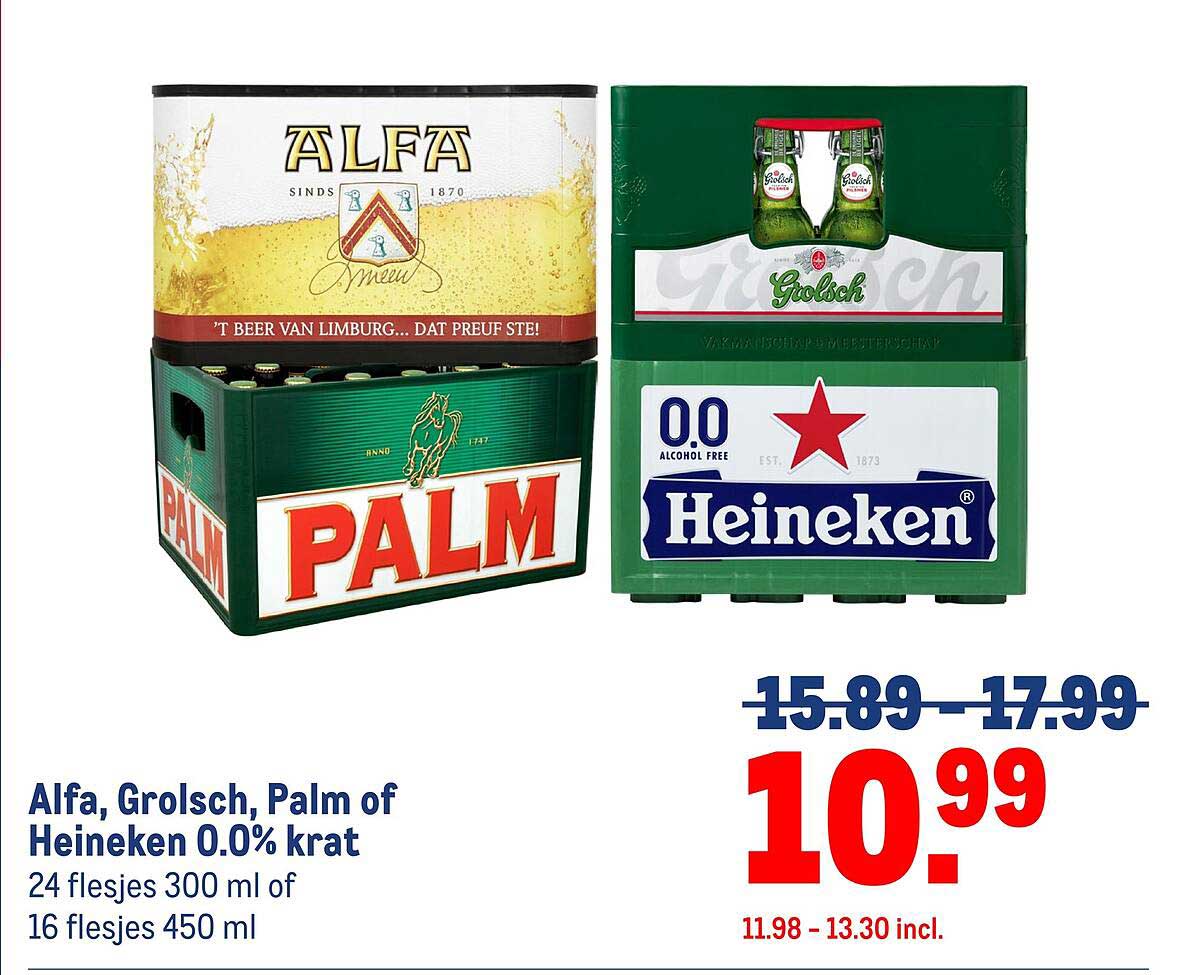 Alfa, Grolsch, Palm of Heineken 0.0% krat