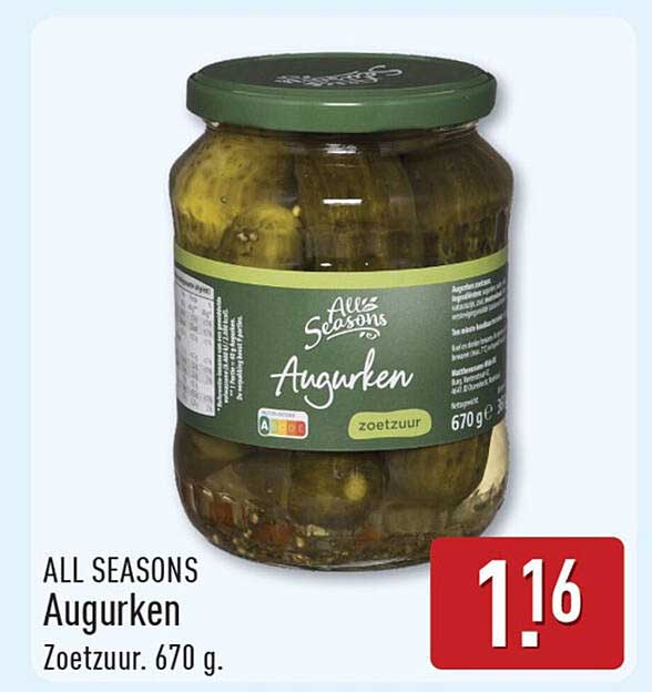 ALL SEASONS Augurken Zoetzuur. 670 g.