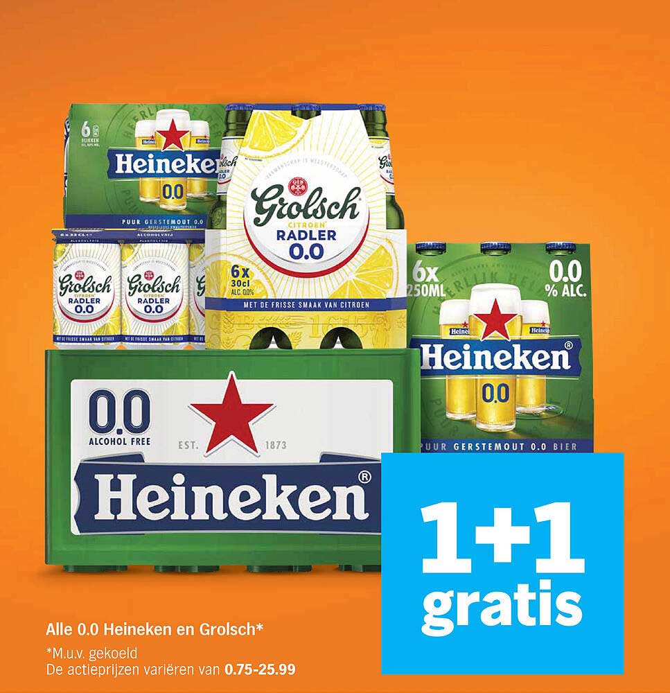 Alle 0.0 Heineken en Grolsch* 1+1 gratis