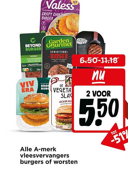 Alle A-merk vleesvervangers burgers of worsten 2 voor 5.50