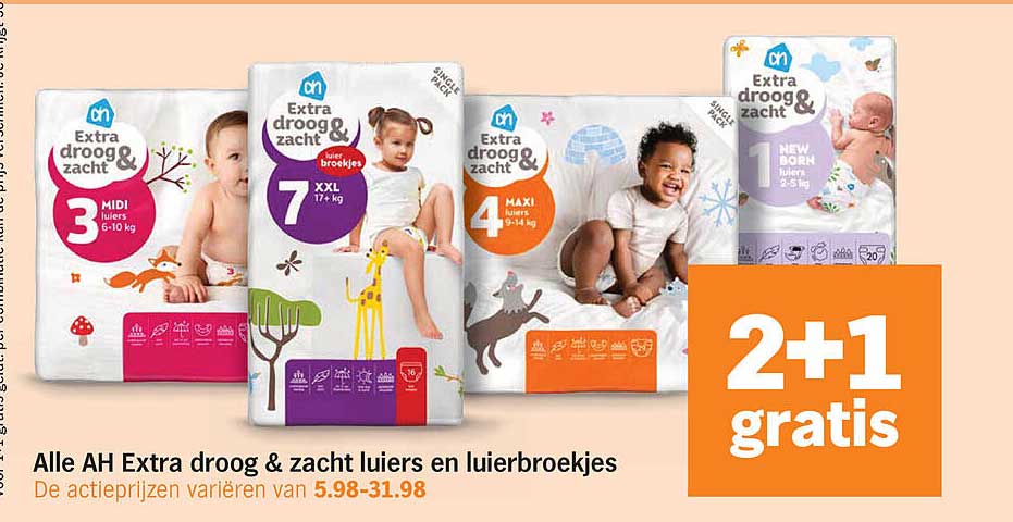Alle AH Extra droog & zacht luiers en luierbroekjes 2+1 gratis