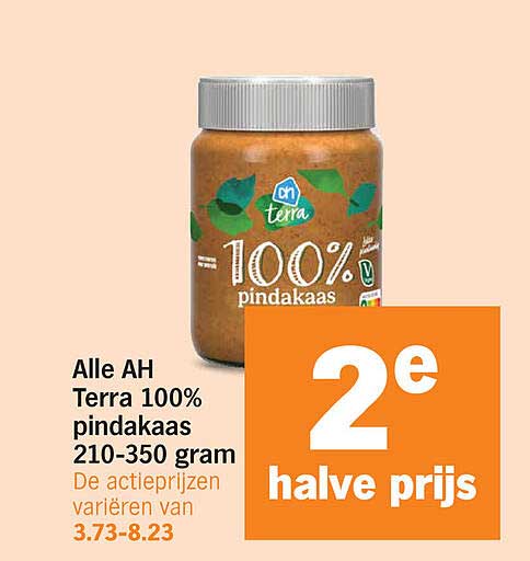 Alle AH Terra 100% pindakaas 210-350 gram 2e halve prijs