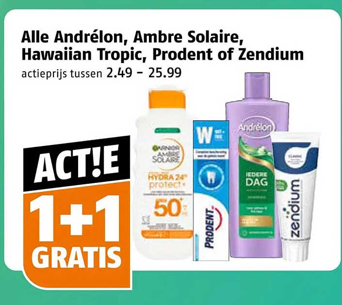 Alle Andrélon, Ambre Solaire, Hawaiian Tropic, Prodent of Zendium 1+1 gratis