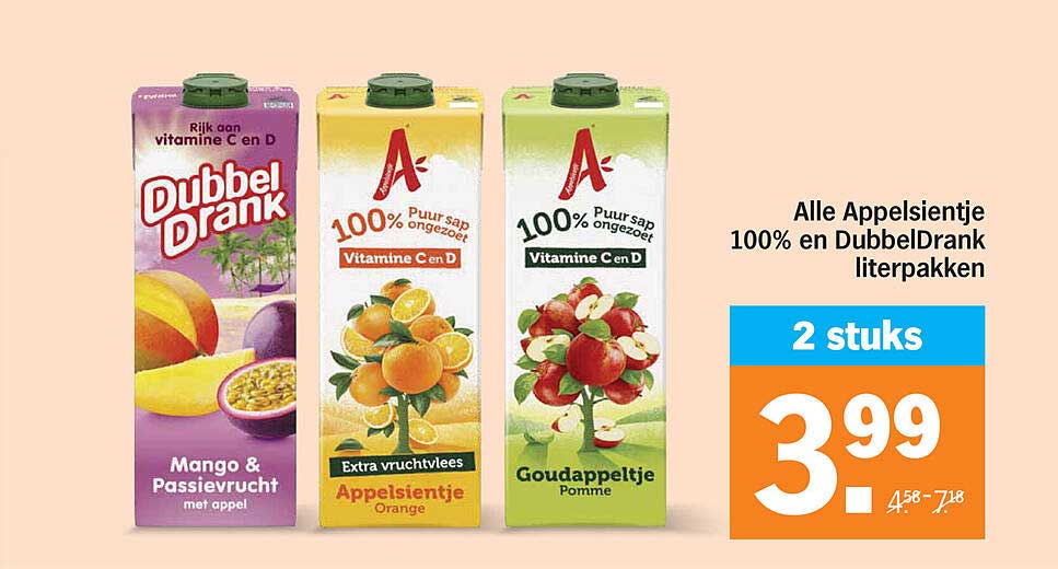 Alle Appelsientje 100% en DubbelDrank literpakken 2 stuks