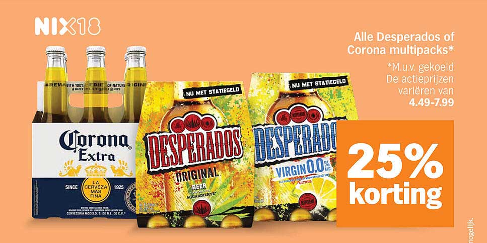 Alle Desperados of Corona multipacks* 25% korting