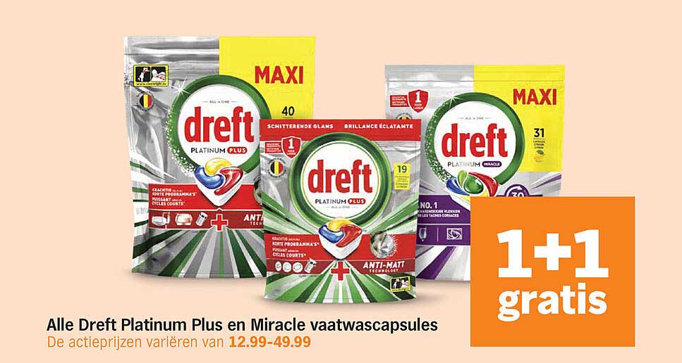 Alle Dreft Platinum Plus en Miracle vaatwascapsules 1+1 gratis