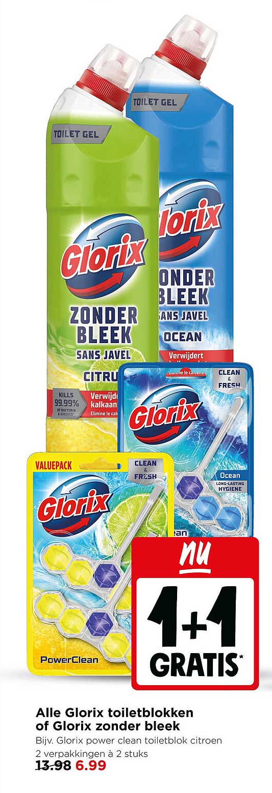 Alle Glorix toiletblokken of Glorix zonder bleek 1+1 gratis