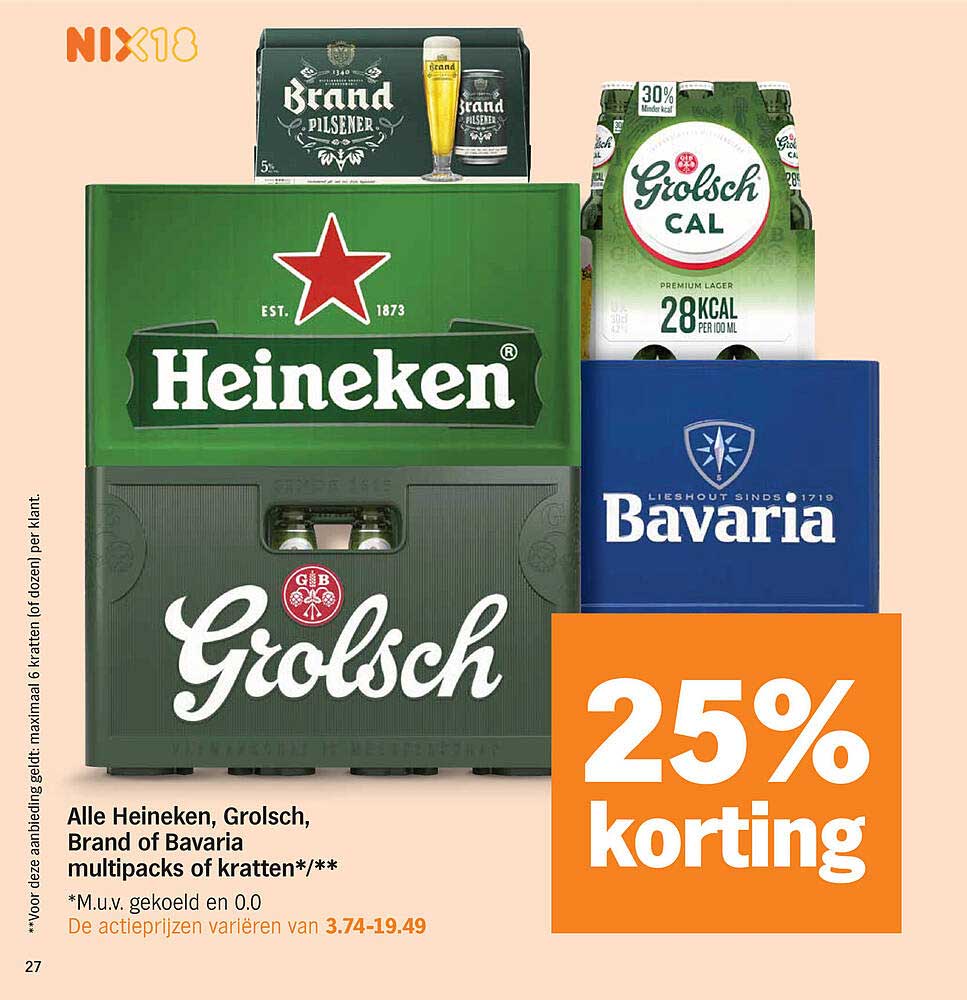 Alle Heineken, Grolsch, Brand of Bavaria multipacks of kratten 25% korting