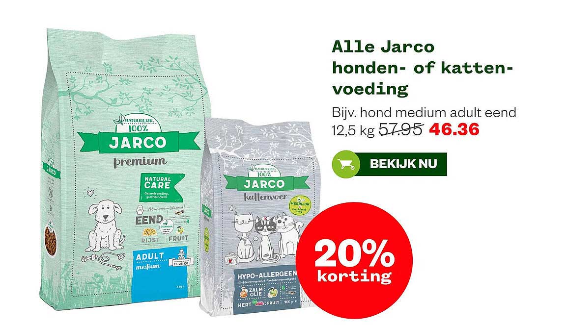 Alle Jarco honden- of kattenvoeding 20% korting