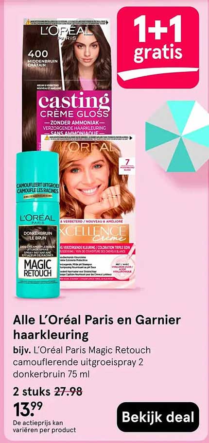 Alle L’Oréal Paris en Garnier haarkleuring 1+1 gratis